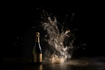 Sticker - New year party concept with a exploding champagne bottle. Generative AI