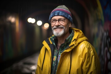 Wall Mural - Medium shot portrait photography of a grinning man in his 50s wearing a vibrant raincoat against a graffiti tunnel or underpass background. Generative AI