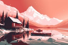 A Red House Sitting On Top Of A Pier Next To A Lake With A Boat In The Water And A Snow Covered Mountain In The Background. Generative Ai