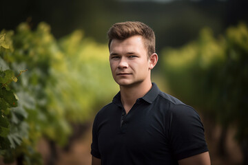 Wall Mural - Portrait of a young handsome man in a black polo shirt standing in a vineyard.