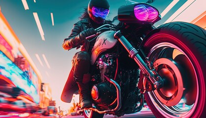 cyberpunk light motorcycle , futuristic motorbike on a retrowave landscape by ai generative 