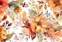 Autumn Watercolor Floral Arrangement, Seamless Pattern. Generative AI