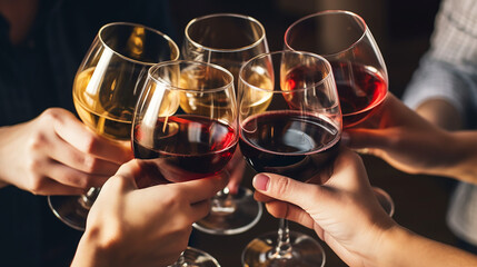 a group of friends holding a glass of red wine making a toast