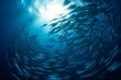 School of fish swimming under water of sea. School sardinella fish swims in underwater. AI generated, human enhanced