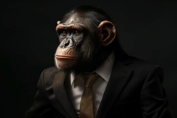 Anthropomorphic funny monkey dressed in a business suit like a boss. AI generated, human enhanced