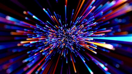 Abstract background in blue and yellow neon glow colors. Speed of light in galaxy. Explosion in universe. Cosmic background for event, party, carnival, celebration, anniversary or other. 3D rendering.
