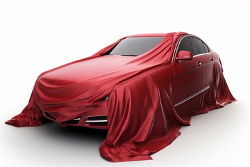 Car covered with a red silk cloth before presentation. Clipping path incluted. Generative AI