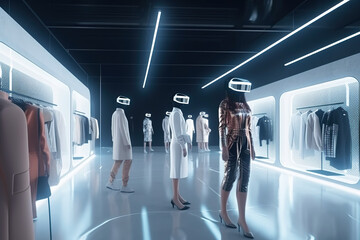 Canvas Print - People in VR headset walk in store, woman customer using virtual reality, generative AI.