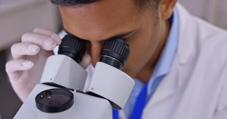 Poster - Medical science, microscope and a man in a laboratory for analysis for healthcare research. Male scientist in a lab for development, study and working on future innovation with sample for test