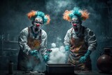 Scary clowns dressed as scientists experiment on human, created with Generative AI technology