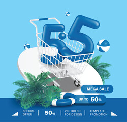 Number 5.5 blue 3D in shopping cart and there are coconut trees, lifebuoys and mega sale promotion sign with 50% discount on front