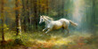 Wild white horse galloping through Autumn forest, AI generative illustration
