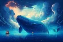Dreamlike Whale Flies In The Sky. Generative AI