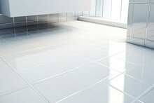 White Ceramic Tiles In Bathroom Flooring. Photo Generative AI