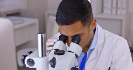 Poster - Man, medical science and a microscope in a laboratory for analysis or healthcare research. Male scientist in a lab for development, study and working on future innovation with sample for test