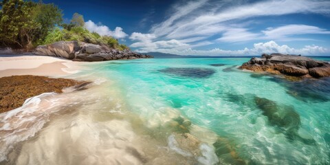  Panorama of a beautiful white sand beach and turquoise water, blue sky. Holiday summer beach background. Wave of the sea on the sand beach. generative ai