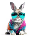 Grey Rabbit With Colorful Spots Wearing Aviator-style Sunglasses, Looking At The Camera. Cut-out On White Background With Copy Space.