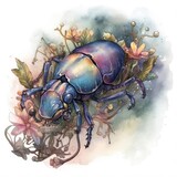 Fototapeta Konie - watercolor painting of a beetle and flowers on a dark background Generative Ai