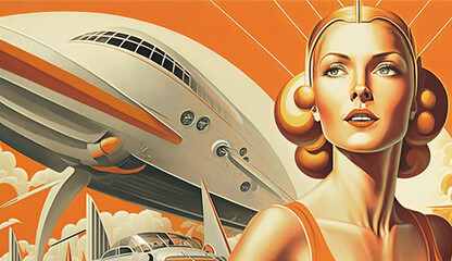 Wall Mural - illustration of woman and transport with future technology in retro futuristic 30s style poster ,generative ai