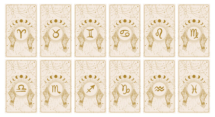 Wall Mural - set of vertical zodiac cards for stories, astrological horoscope, boho line design, gold engraving o