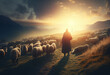 the shepherd guiding the sheep to the light. holiday image, Easter day. Generate Ai