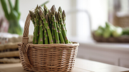 Wall Mural - Bunch of green ripe asparagus standing in a basket on a table ready for cooking in spring. Generative AI.