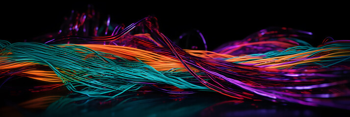 Multicolored electric cables and led, optical fiber background for technology image and new business trends, AI generated