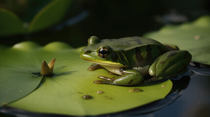 Little green frog sitting on a lilly pad in the water. Generative AI.