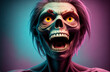Creepy zombie. Portrait of ugly screaming monster on bright background. Generative AI.