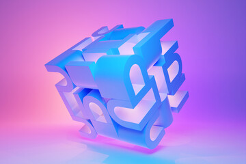 Poster - 3D illustration, neon illusion isometric abstract shapes colorful shapes intertwined