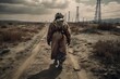 A lone figure walking down a desolate road in a post-apocalyptic world created with generative ai technology