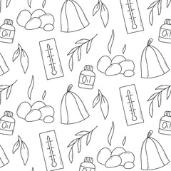 Seamless pattern with bath elements in doodle style. Vector illustration. Line print with hat, thermometer, oil and leaves.