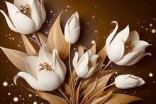 3d Wallpaper With White Tulips And Tiny Dots On A Brown Background, Generative AI