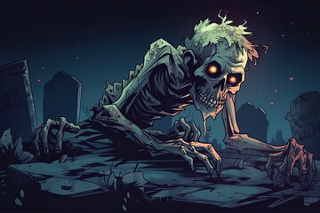 zombie rising from grave in cemetery at night. Cartoon style. Generative AI illustration