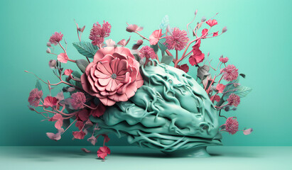 a three dimensional version of the brain, with flowers and branches, in the style of dreamy surrealist compositions