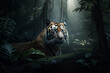 Tiger in dark jungle. Generative ai