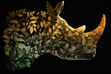 rhinoceros profile silhouette with leaves of tropical vegetation. protecting animals and forest envi