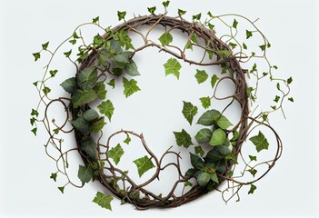 Wall Mural - circular vine at the roots. Bush grape or three-leaved wild vine cayratia (Cayratia trifolia) liana ivy plant bush, nature frame jungle border, isolated on white background with. Generative AI