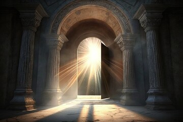 heavenly doorway, with rays of light shining through and around it, created with generative ai