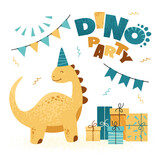 Fototapeta Dinusie - Cute dinosaur with  flags, gifts and inscription “Dino party”. Set for greeting cards, posters, t-shirts, birthday party or children room decoration. 
Vector illustration isolated on white background