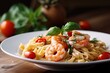 pasta with shrimps, tomatoes and basil in white plate, created with generative ai