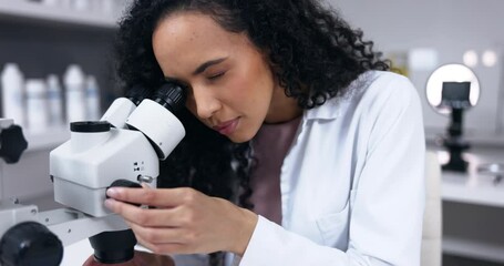 Poster - Science, woman and microscope with analysis in lab, scientist does experiment and biotechnology. Female doctor, analyze specimen and focus with scientific study and medical research in laboratory
