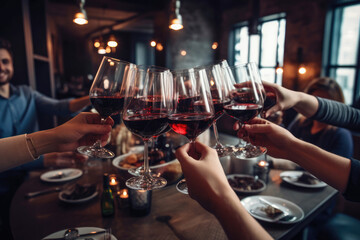 A group of friends toasting with red wine sitting at a restaurant table. Generate AI