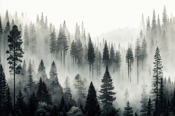 Wall Mural - panorama of dense, misty forest with towering trees and fog, created with generative ai