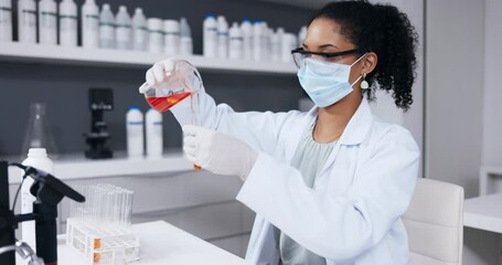 Poster - Scientist, woman and test tube with chemical, chemistry with beaker and science study in laboratory. Female doctor in face mask, PPE and red liquid with experiment for medical research in lab