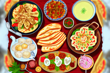 Wall Mural - A large laid table of different dishes for the whole family on a day off. Generative Ai
