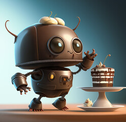 Cute robot pastry chef preparing tasty chocolate cake - Generative AI