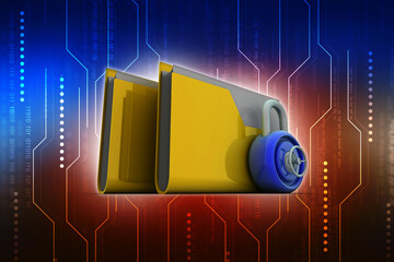 Poster - 3D rendering Yellow folder and lock. Data security concept