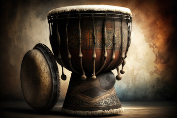 african national musical instrument djembe isolated on dark background. Generative AI