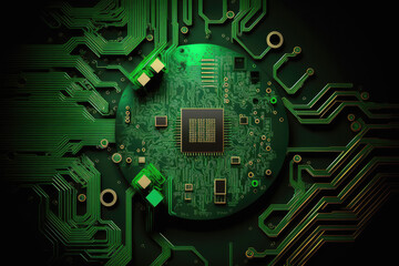 Fototapete - electronic green circuit board with computer chips. Generative AI